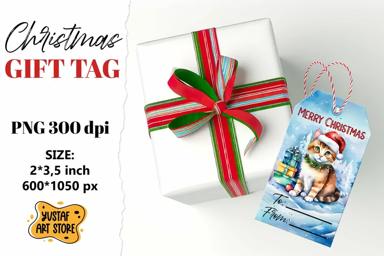 Christmas Gift Tags.Christmas Cat labels watercolor design