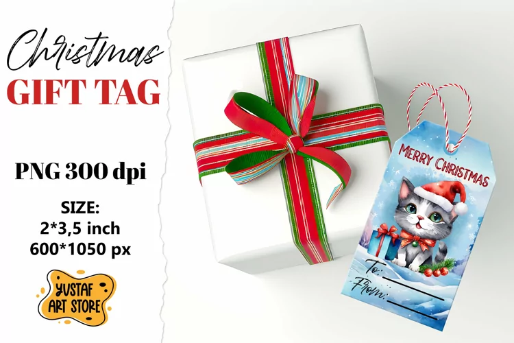 Christmas Gift Tags.Christmas Cat labels watercolor design