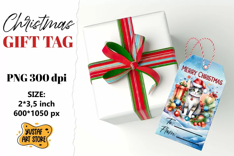 Christmas Gift Tags.Christmas Cat labels watercolor design