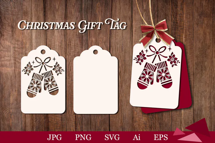 Christmas gift tag with mittens and snowflakes SVG