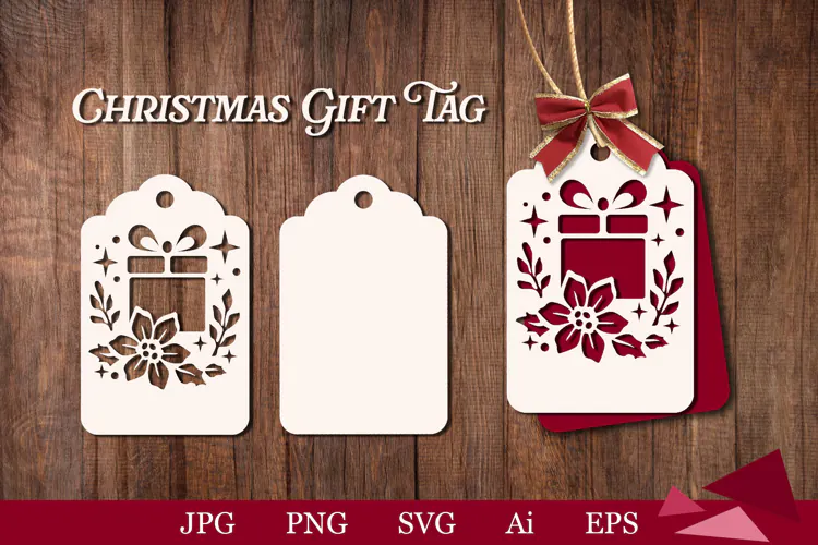 Christmas gift tag with present and poinsettia flower SVG