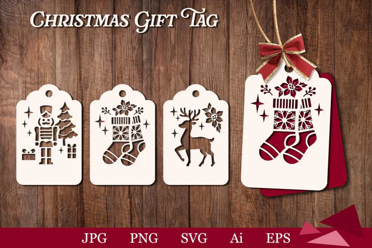 Christmas gift tag with a nutcracker, socks and a deer SVG