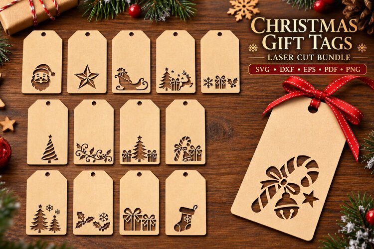 Christmas Gift Tags SVG, Laser Cut Holiday Tag example image 1