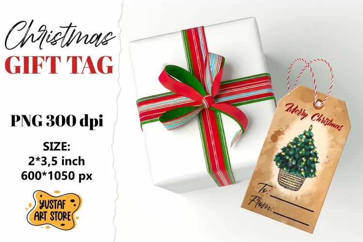Christmas Gift Tag. Christmas tree watercolor design