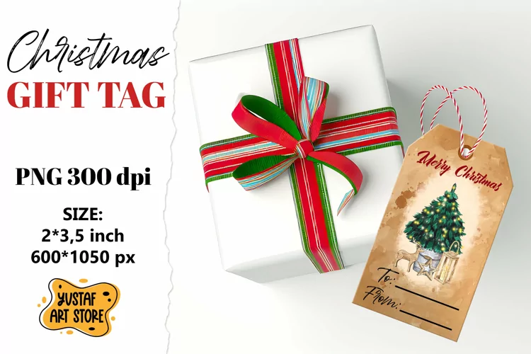 Christmas Gift Tag. Christmas tree watercolor design