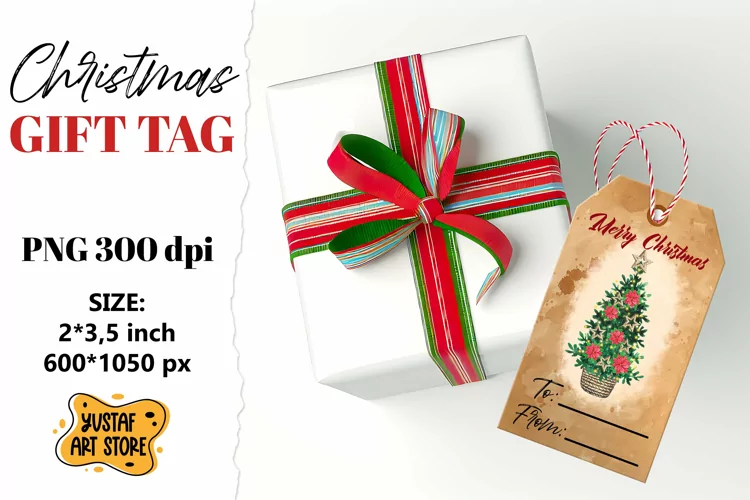 Christmas Gift Tag. Christmas tree watercolor design