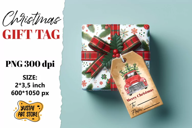 Christmas Gift Tag. Christmas truck watercolor illustration