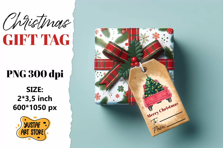 Christmas Gift Tag. Christmas truck watercolor illustration