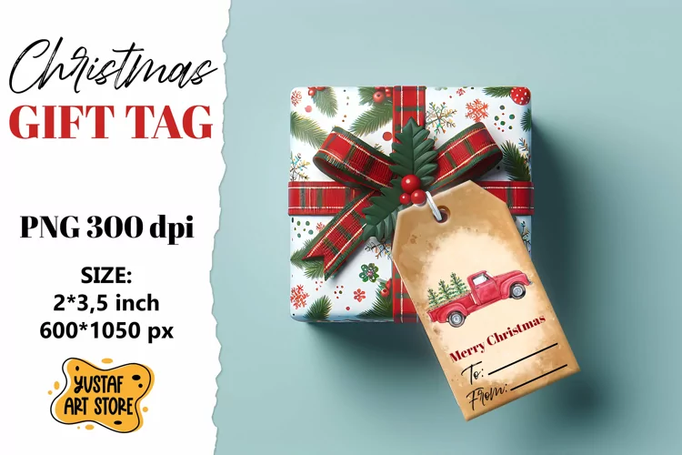 Christmas Gift Tag. Christmas truck watercolor illustration