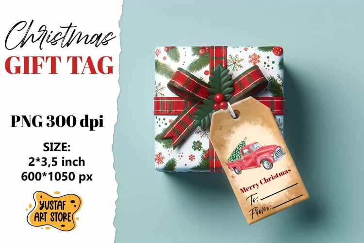 Christmas Gift Tag. Christmas truck watercolor illustration
