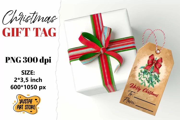 Vintage Christmas Gift Tag. Mistletoe illustration