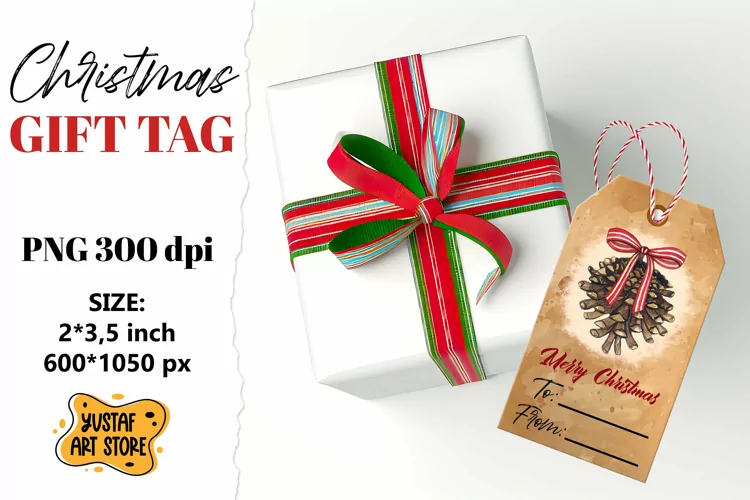 Vintage Christmas Gift Tag. Pine cone illustration