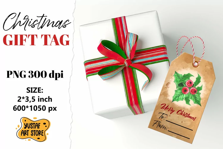 Vintage Christmas Gift Tag. Hand painted Watercolor