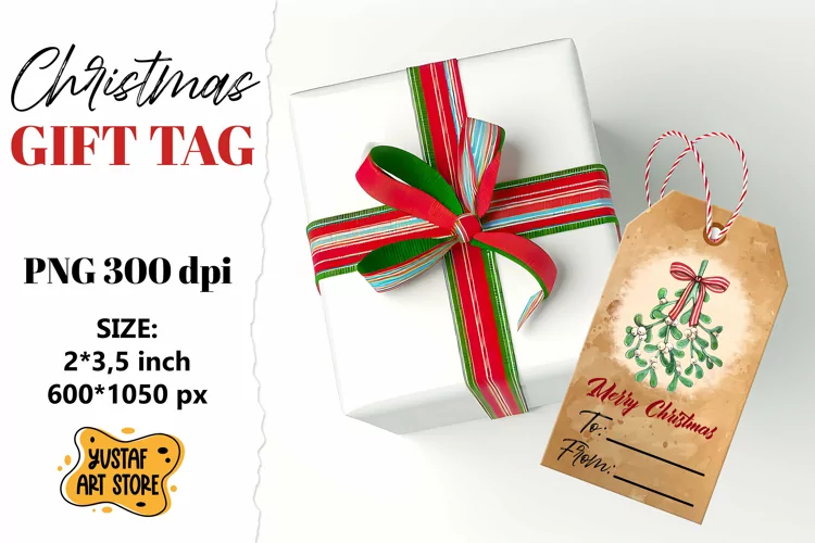 Vintage Christmas Gift Tag. Hand painted Watercolor