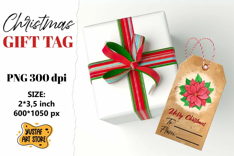 Vintage Christmas Gift Tag. Hand painted Watercolor