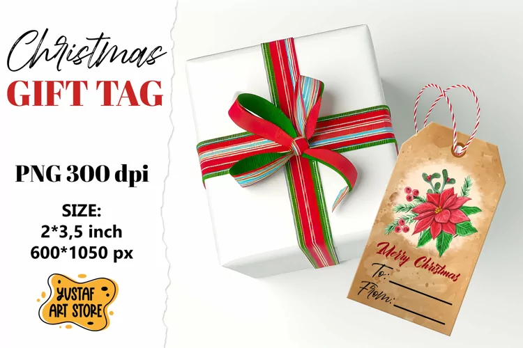 Vintage Christmas Gift Tag. Hand painted Watercolor