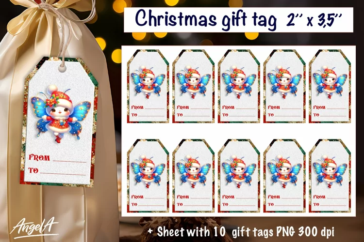 Christmas gift tag, Christmas animal images, cute butterfly