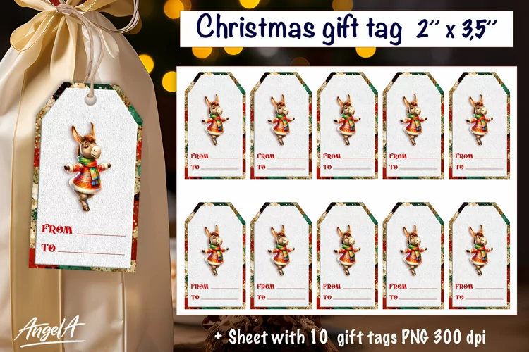 Christmas gift tag, Christmas animal image, funny donkey PNG