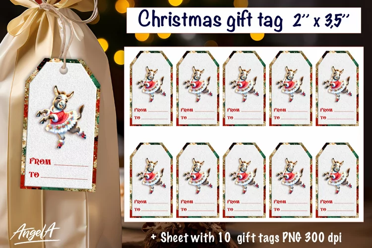 Christmas gift tag, Christmas animal image, funny donkey PNG