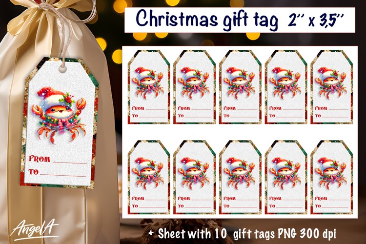 Christmas gift tag, crab illustrations, sea animals PNG
