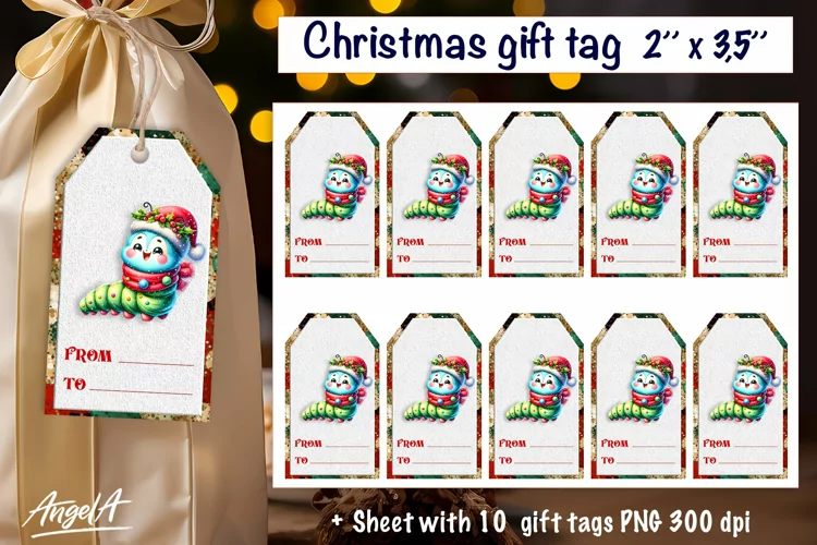 Christmas gift tag, Christmas animal images, caterpillar PNG