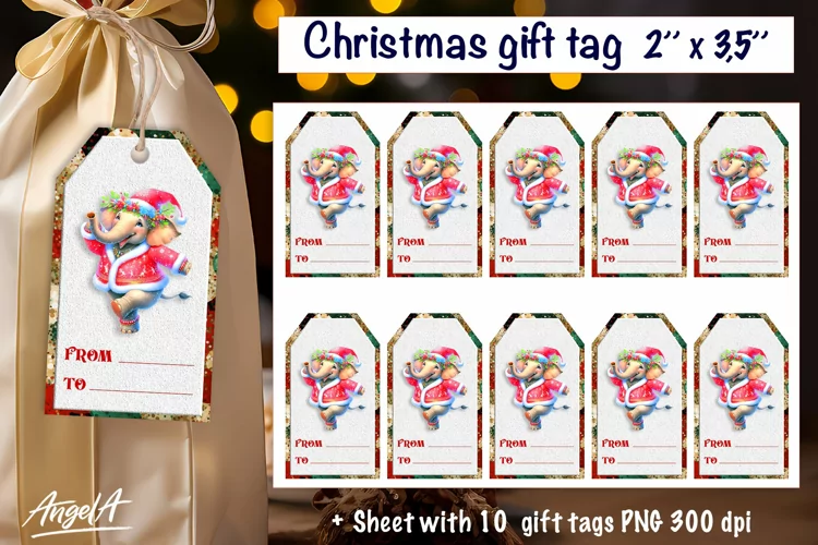 Christmas gift tag, Christmas animal image, dancing elephant