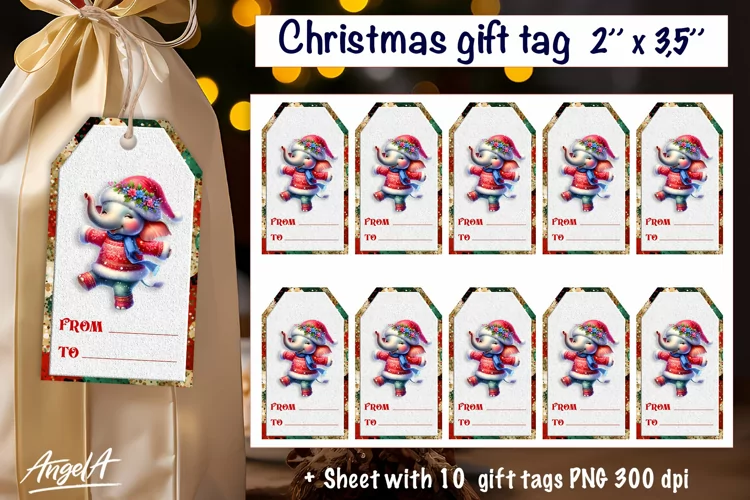 Christmas gift tag, Christmas animal image, baby elephant