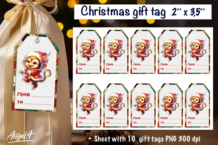 Christmas gift tags, funny Christmas animal baby monkey PNG