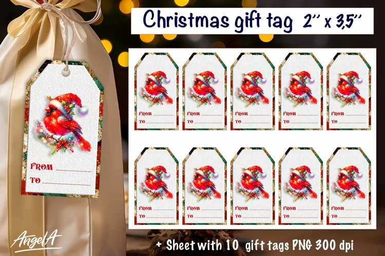 Christmas gift tags, dancing Christmas cardinal, cute bird