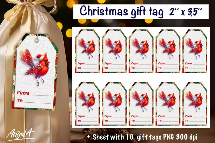 Christmas gift tags, dancing Christmas cardinal bird png