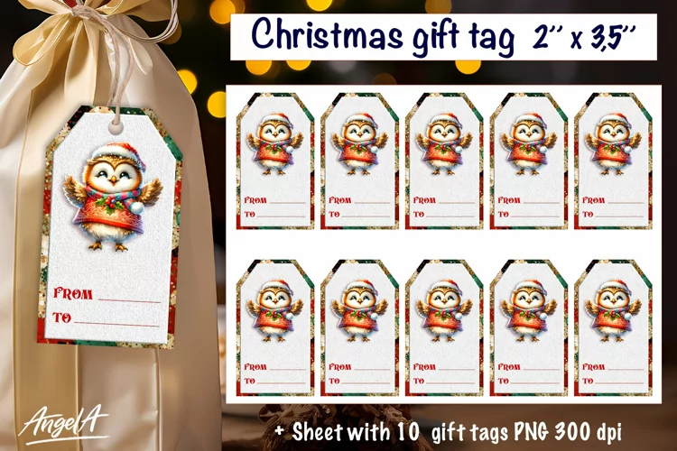 Christmas gift tags, dancing Christmas cute owl png