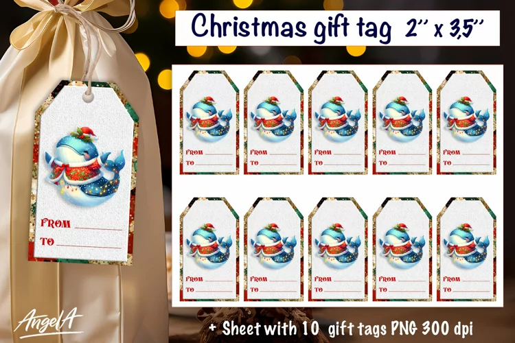 Christmas gift tags, funny Christmas whale sea animal PNG