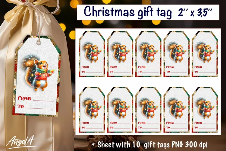 Christmas gift tags, dancing Christmas cute squirrel png