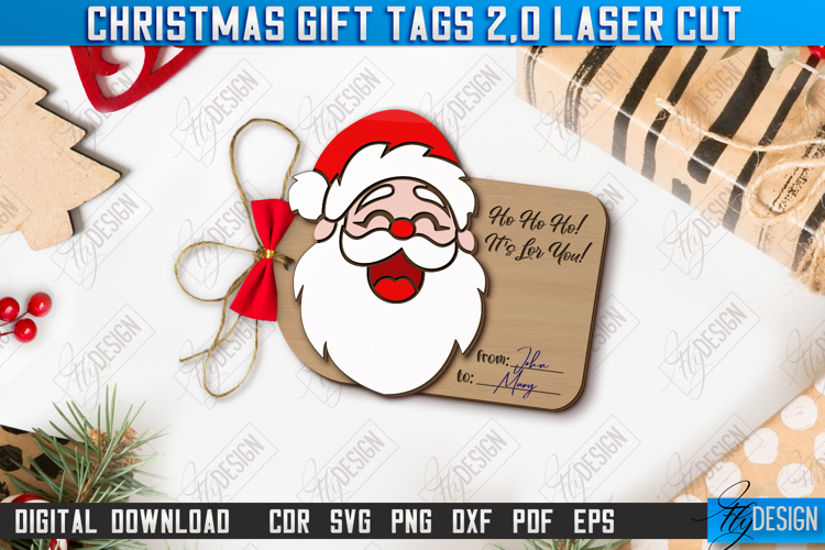 Christmas Gift Tag Laser Cut Design, Santa Claus SVG