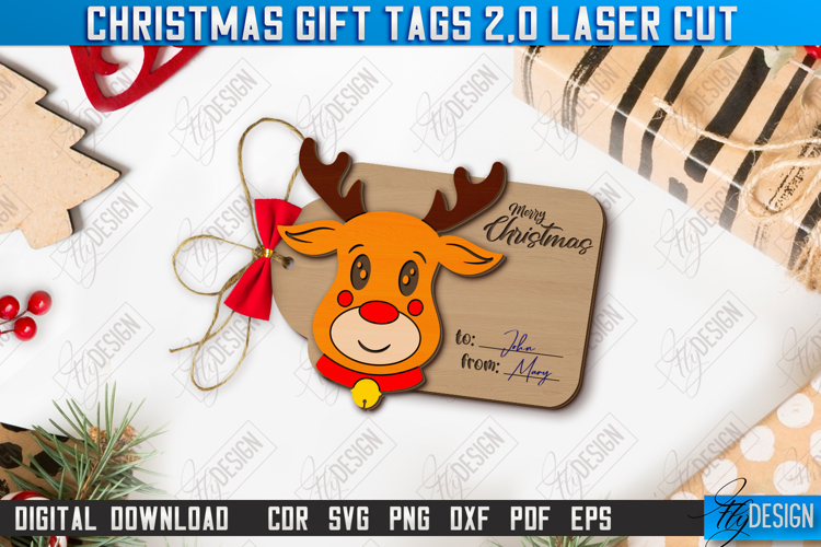 Christmas Gift Tag Laser Cut Design, Christmas Reindeer SVG