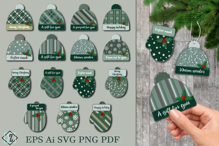 Christmas gift tags. Hats and mittens