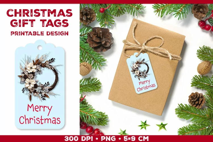Christmas gift tags template with winter wreath