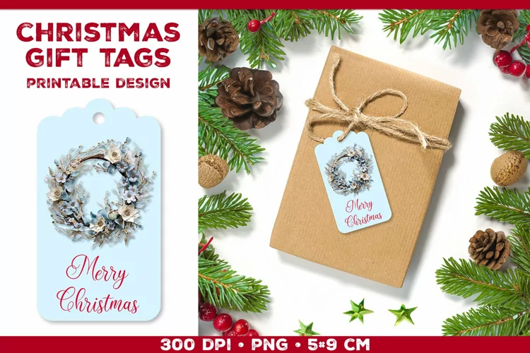 Wreath and Merry Christmas greetings on tags