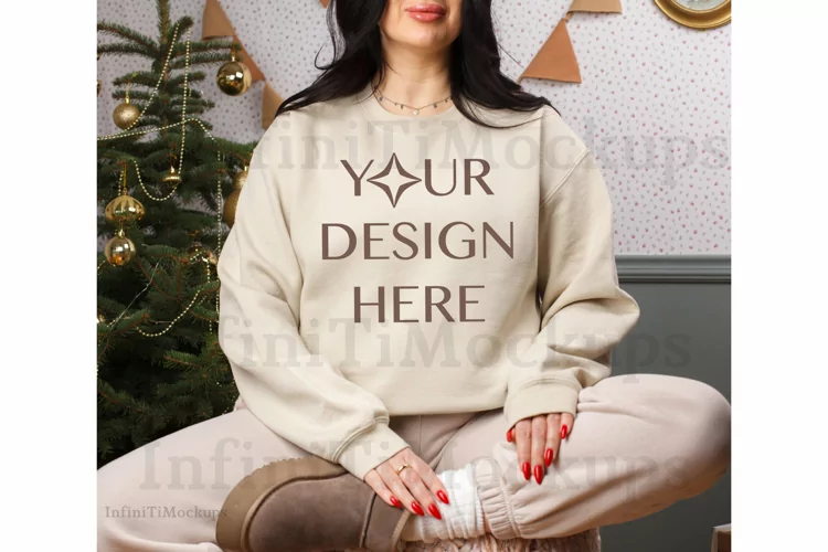 Christmas Gildan 18000 sweatshirt mockup in Sand color