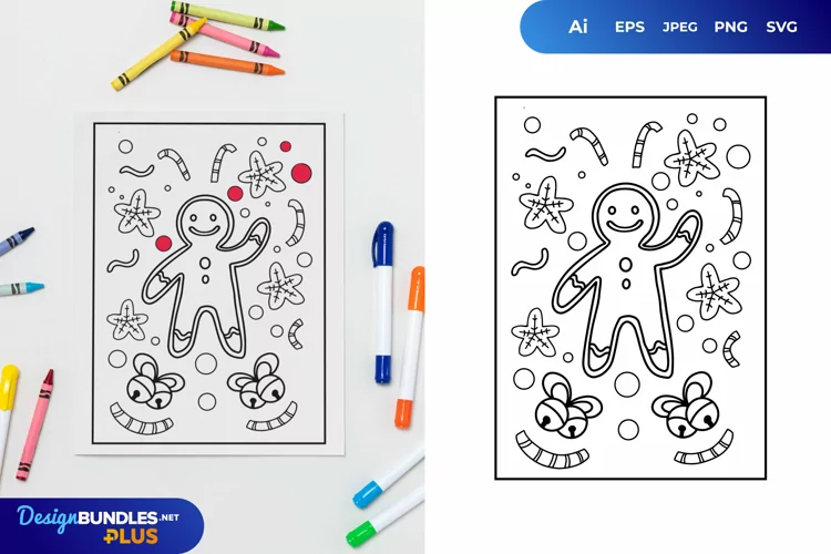 Gingerbread and Christmas Leaves Coloring Page