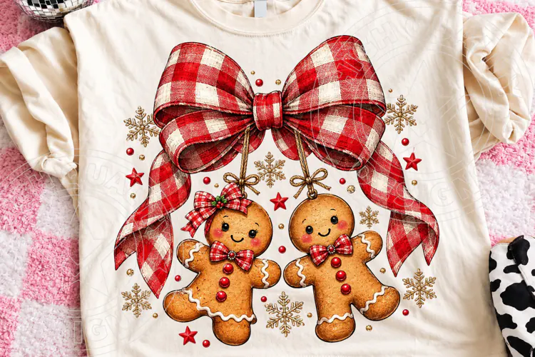 Christmas Gingerbread Couple Red Plaid Bow Holiday PNG