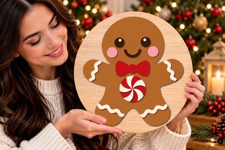 Christmas Gingerbread Door Hanger SVG, Laser Cut Wood example image 1