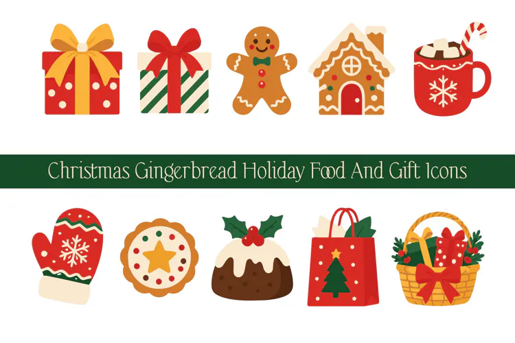 Christmas Gingerbread Holiday Food and Gift Icons