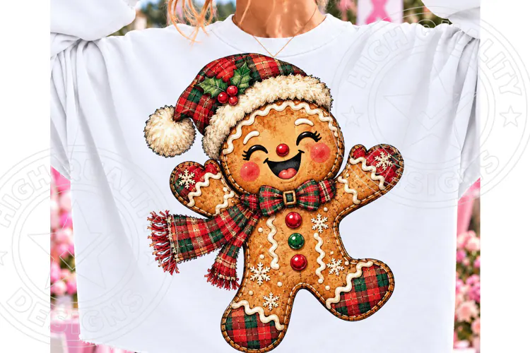 Christmas Gingerbread Man PNG | Santa Hat & Plaid Scarf Subl