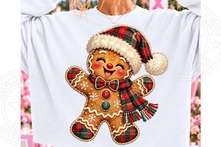 Christmas Gingerbread Man PNG | Red Green Plaid Santa Hat & example image 1