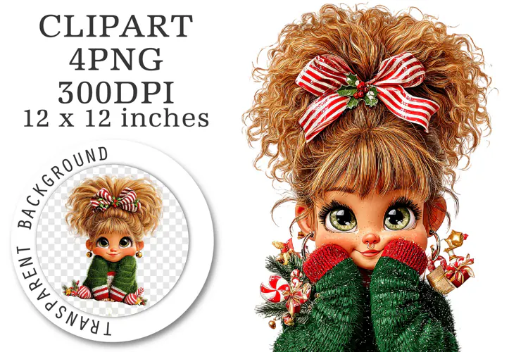 Whimsical Christmas Girl Clipart, Cute Holiday Girl PNG