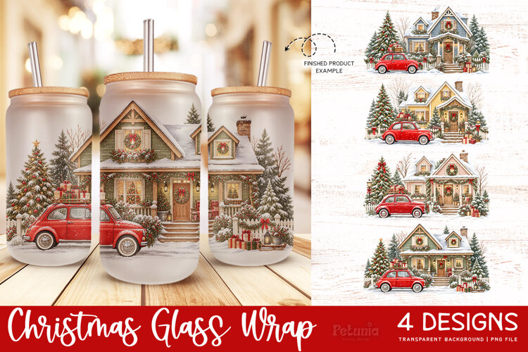 Christmas glass wrap design being used as trendy Christmas 16oz glass can wrap sublimation print