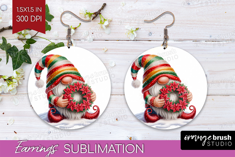 Christmas Gnome Round Earrings - Cute Gnome PNG Sublimation