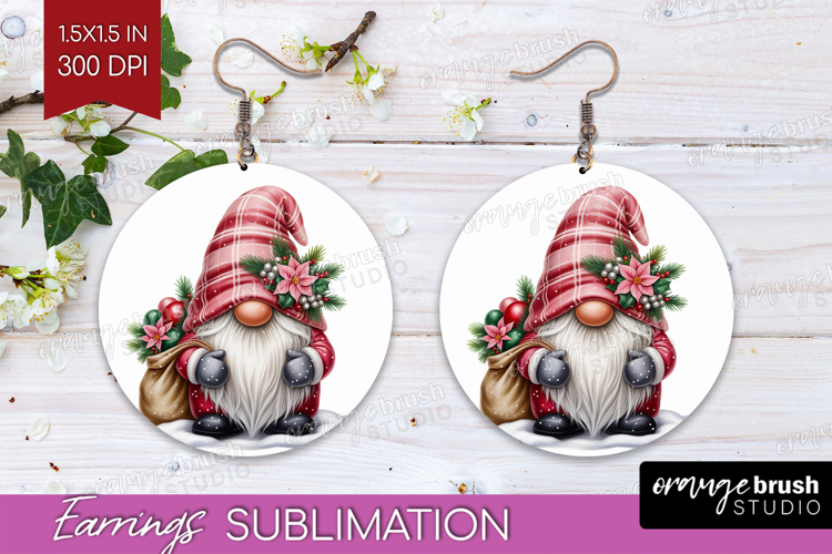 Christmas Gnome Round Earrings - Cute Gnome PNG Sublimation
