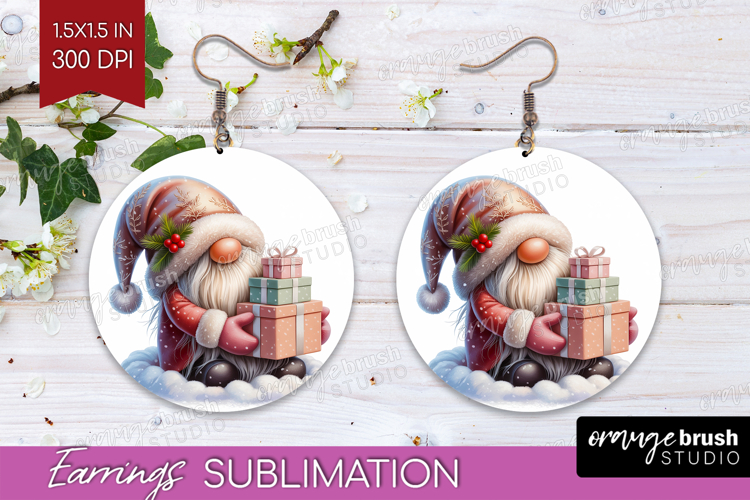 Christmas Gnome Round Earrings - Cute Gnome PNG Sublimation